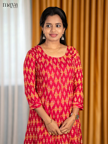 Red Anarkali Cotton Kurti With Ikkat Print & U Neck