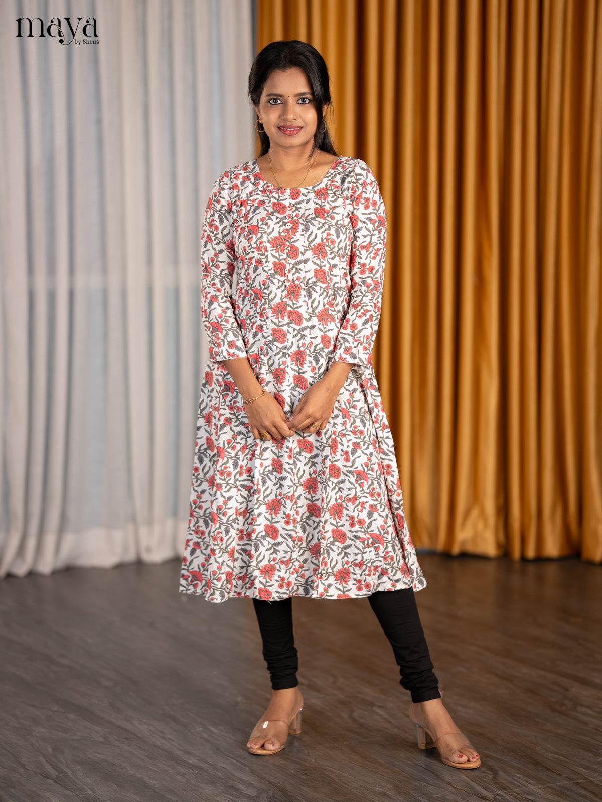 Elegant White & Red Readymade Kurti With Floral Prints & Round Neck