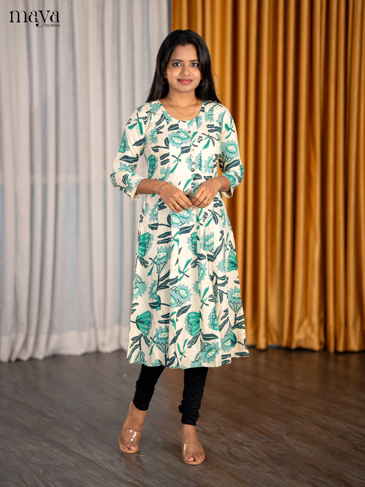 Classic White & Teal Cotton Readymade Kurti With Floral Pattern
