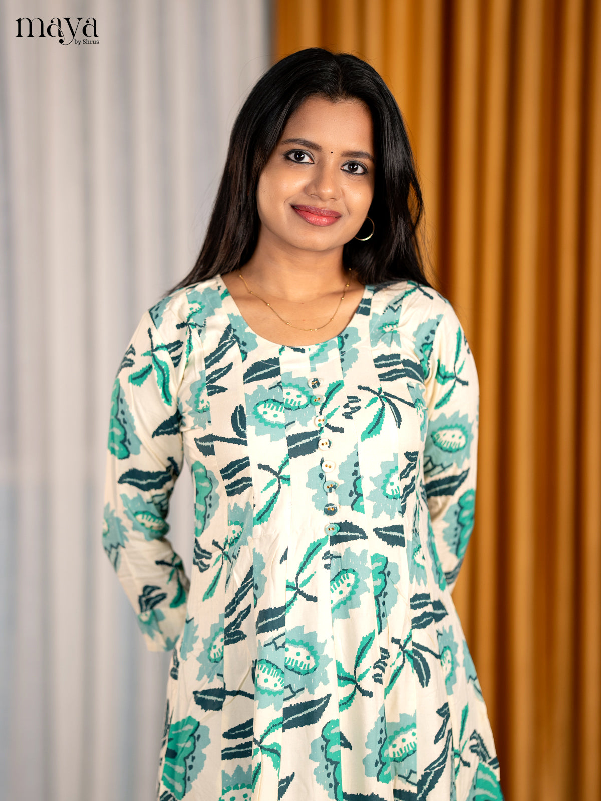 Classic White & Teal Cotton Readymade Kurti With Floral Pattern