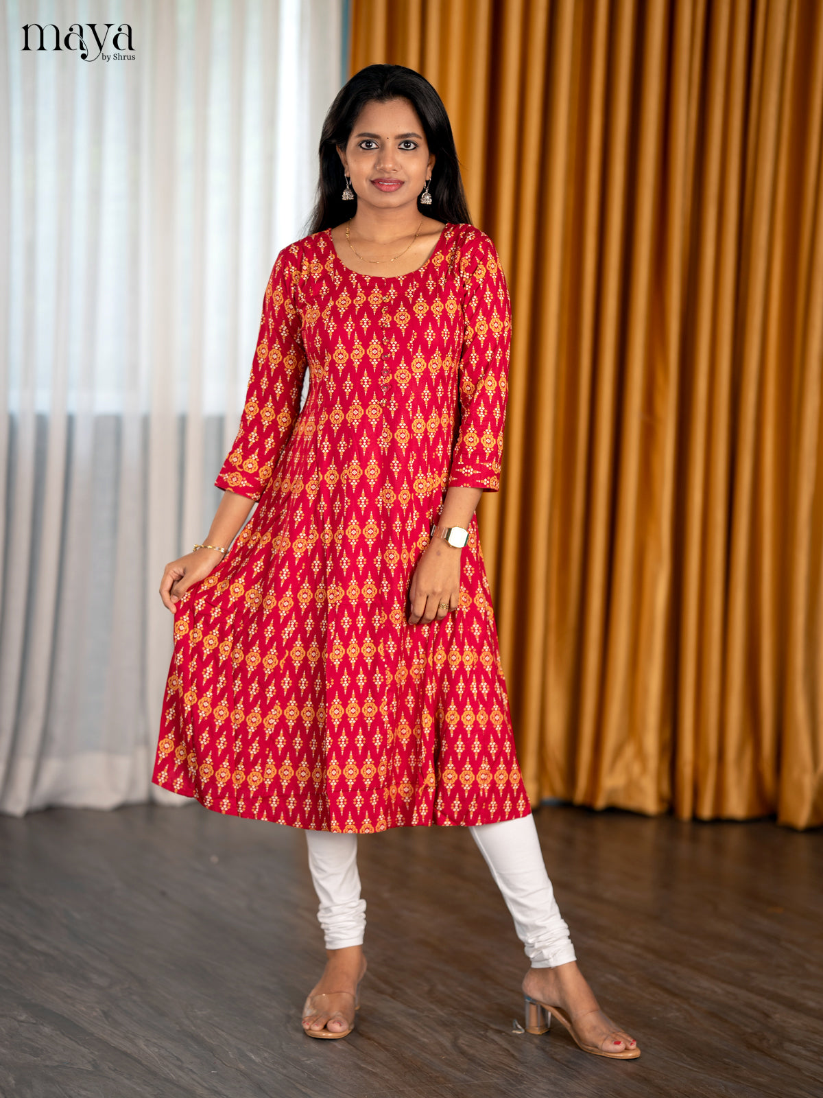 Pretty Red Anarkali Cotton A-Line Kurti With Ikkat Print & Round Neck