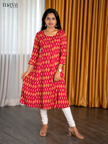 Pretty Red Anarkali Cotton A-Line Kurti With Ikkat Print & Round Neck