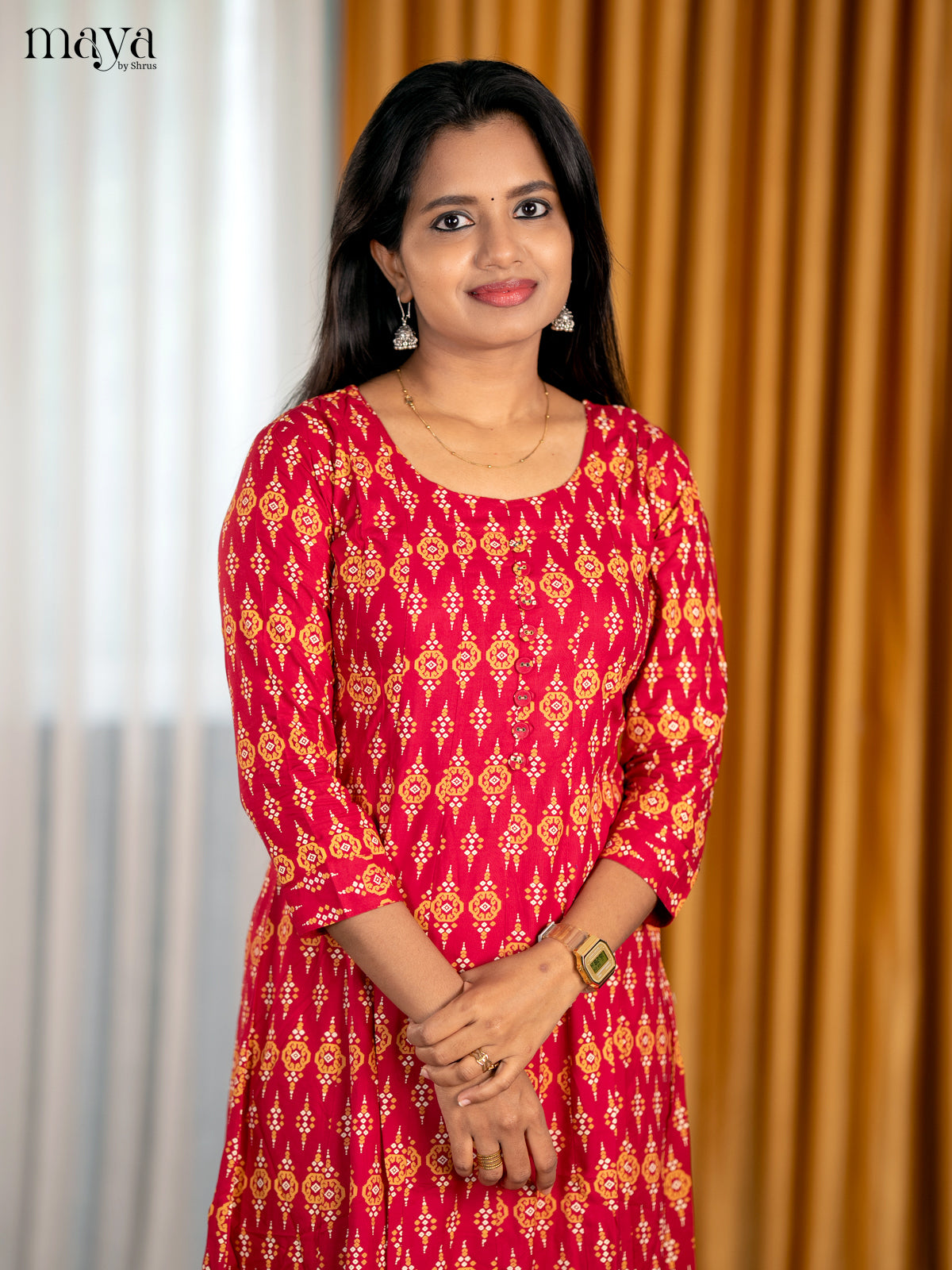 Pretty Red Anarkali Cotton A-Line Kurti With Ikkat Print & Round Neck