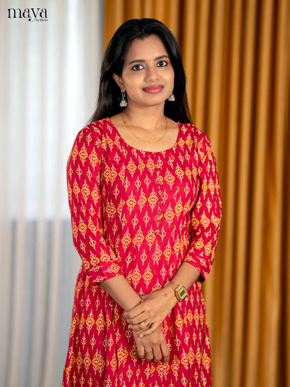 Pretty Red Anarkali Cotton A-Line Kurti With Ikkat Print & Round Neck
