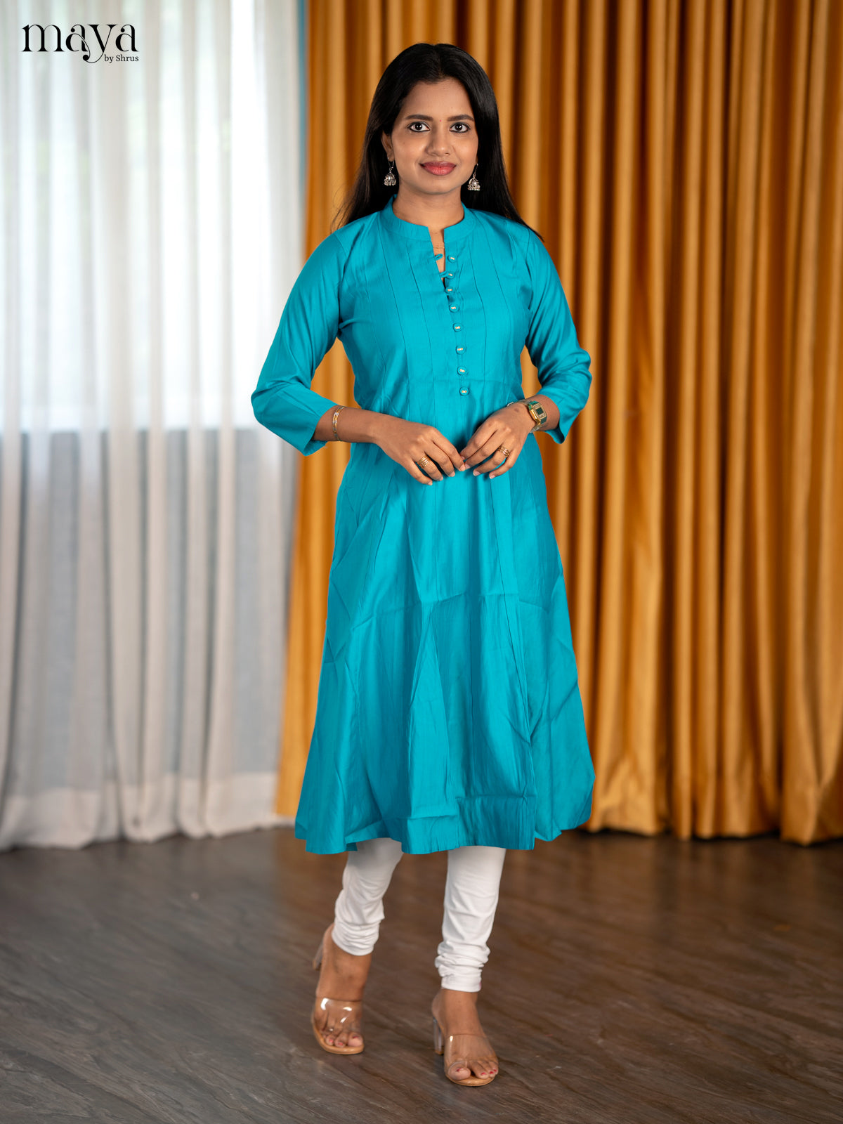 Elegant Azure Blue A Line Readymade Kurti With Mandarin Collar