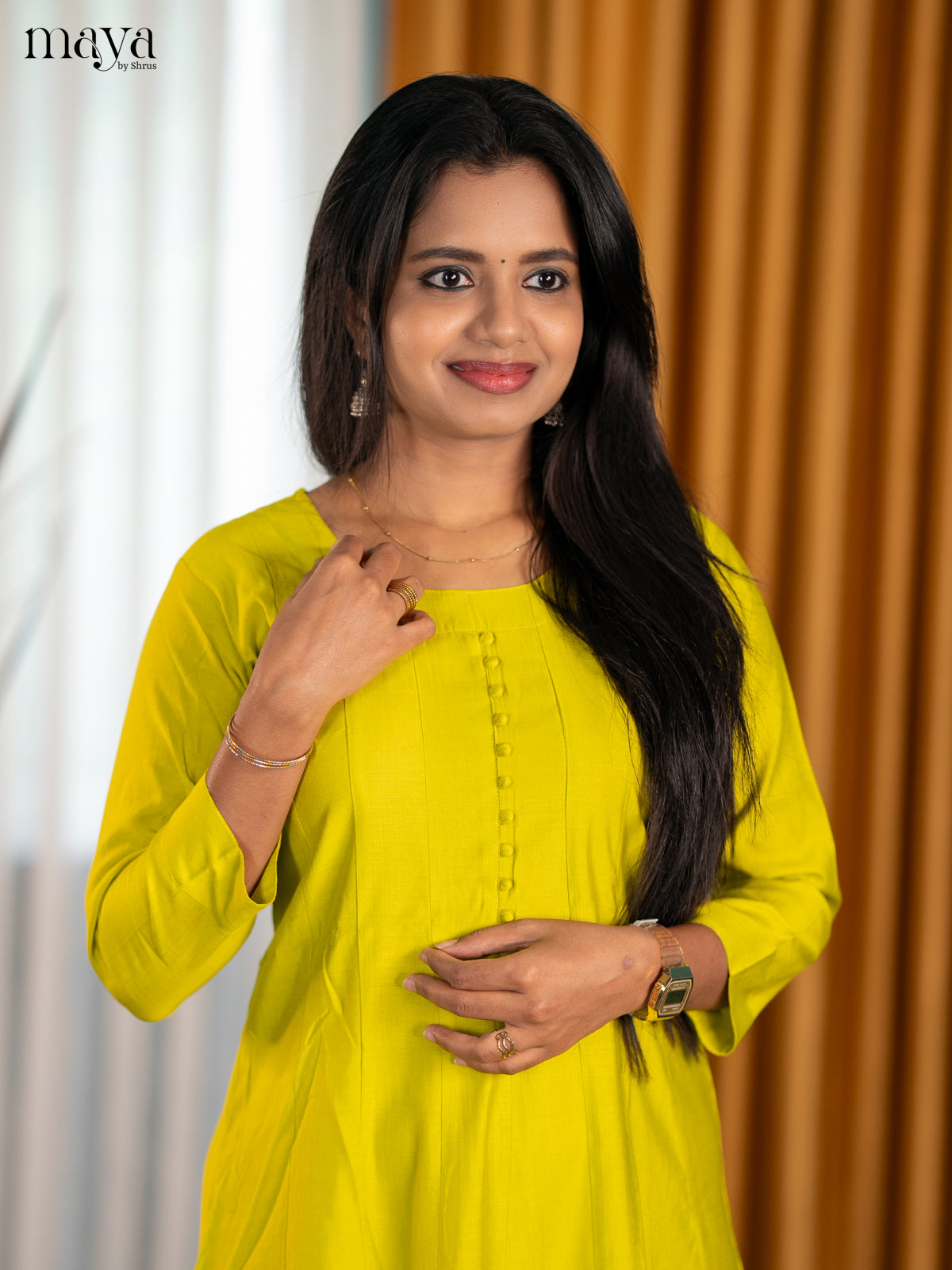 Bright Mustard Yellow Solid Readymade Kurti With Round Neck