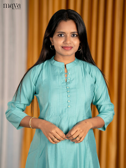 Stylish Teal Solid A-Line Kurti With Mandarin Collar