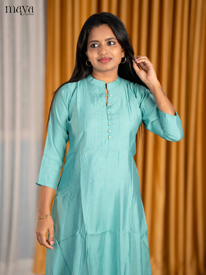 Stylish Teal Solid A-Line Kurti With Mandarin Collar