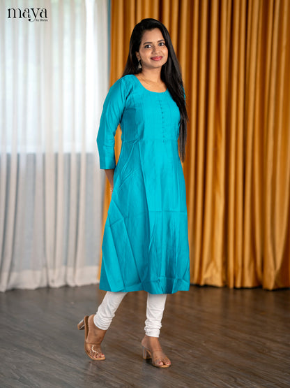 Azure Blue Solid A-Line Kurti With Round Neck