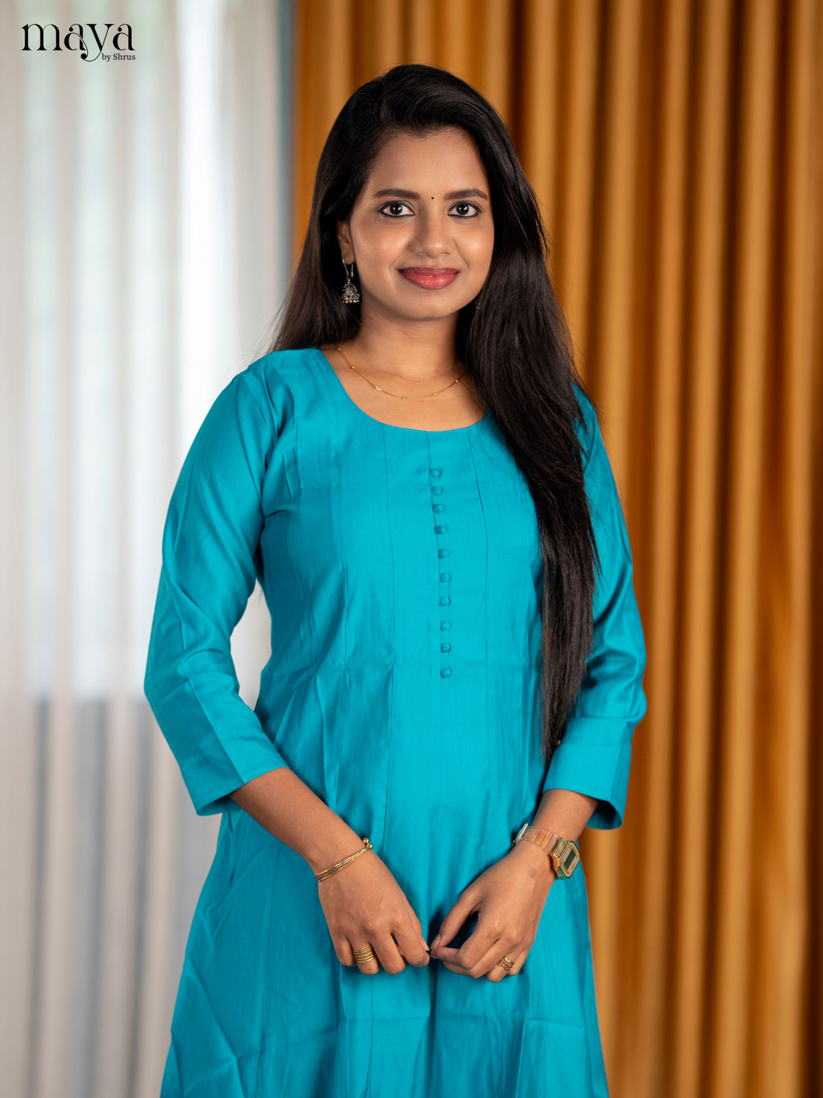 Azure Blue Solid A-Line Kurti With Round Neck