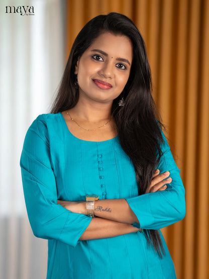 Azure Blue Solid A-Line Kurti With Round Neck