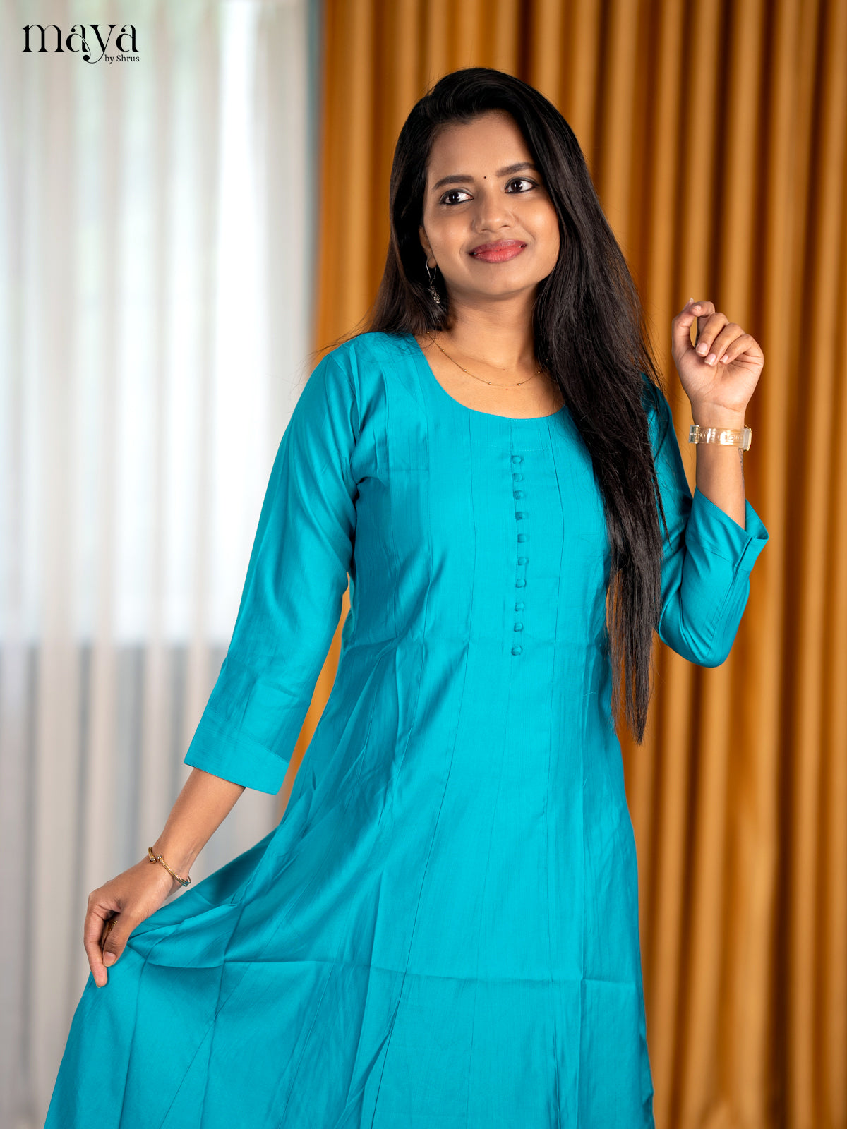 Azure Blue Solid A-Line Kurti With Round Neck