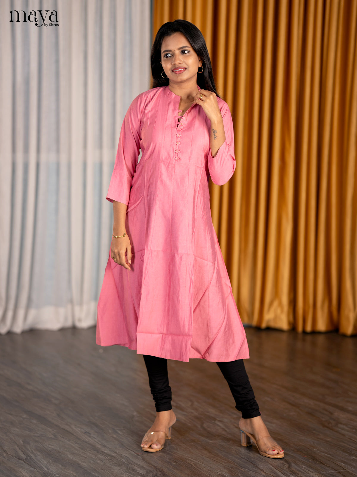 Elegant Dusty Rose Solid Readymade Kurti With Collared Neck