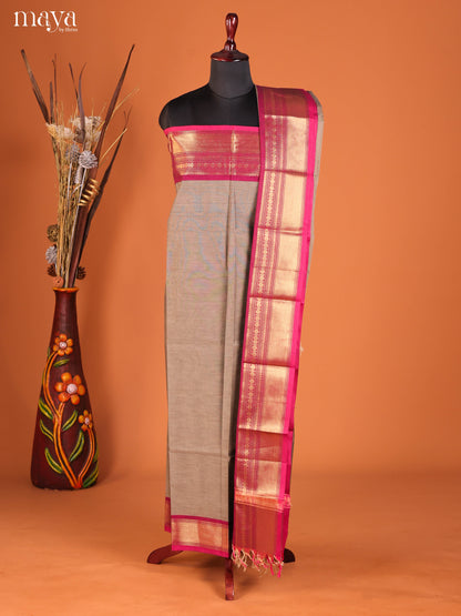 Rich Grey Chettinad Cotton Top & Dupatta Set With Pink Zari Border