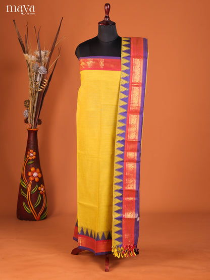Timeless Yellow Chettinad Cotton Top & Dupatta Set With Temple Zari Border