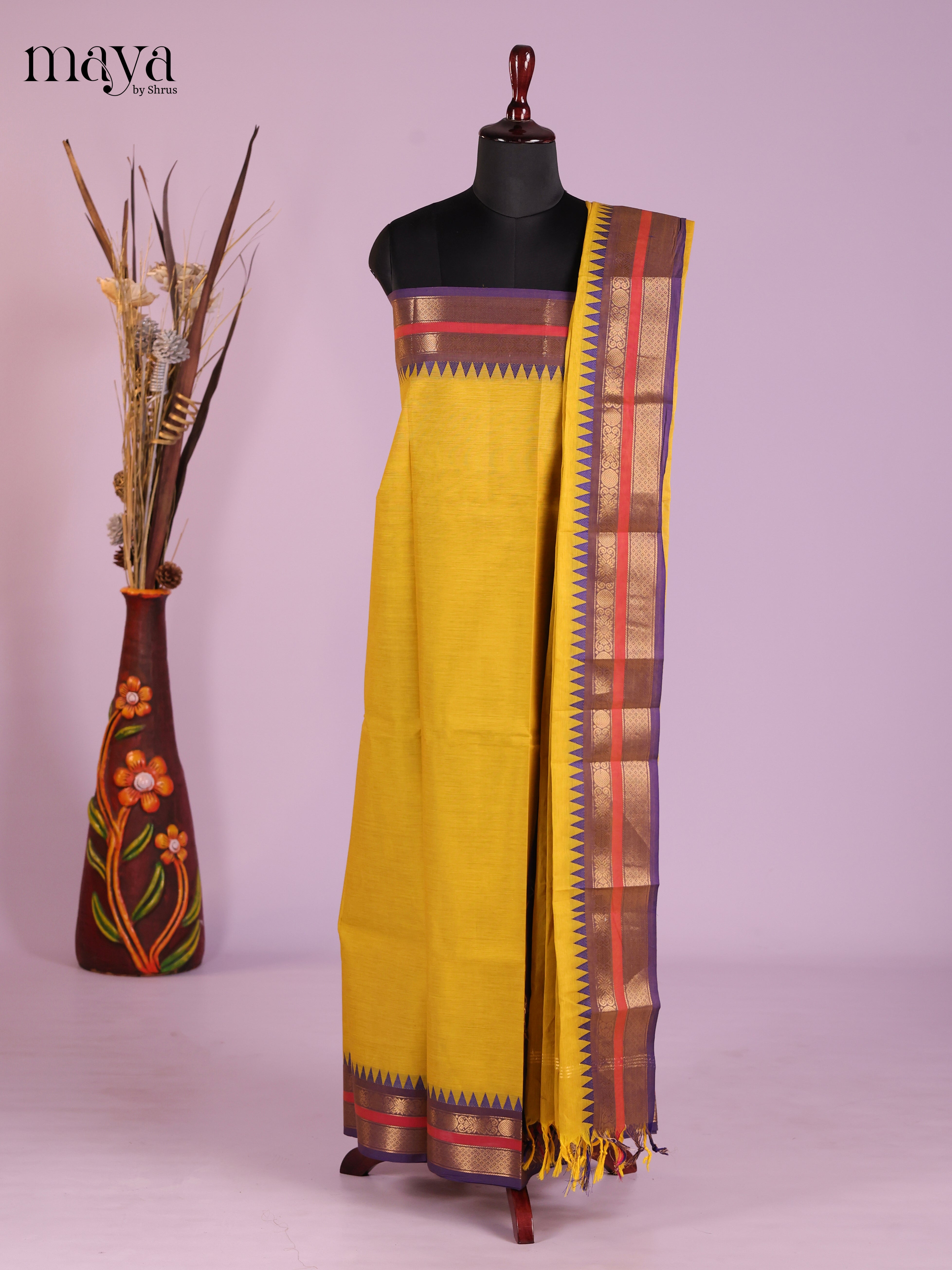 Classic Mustard Yellow Chettinad Cotton Salwar Material (Top & Dupatta Only)