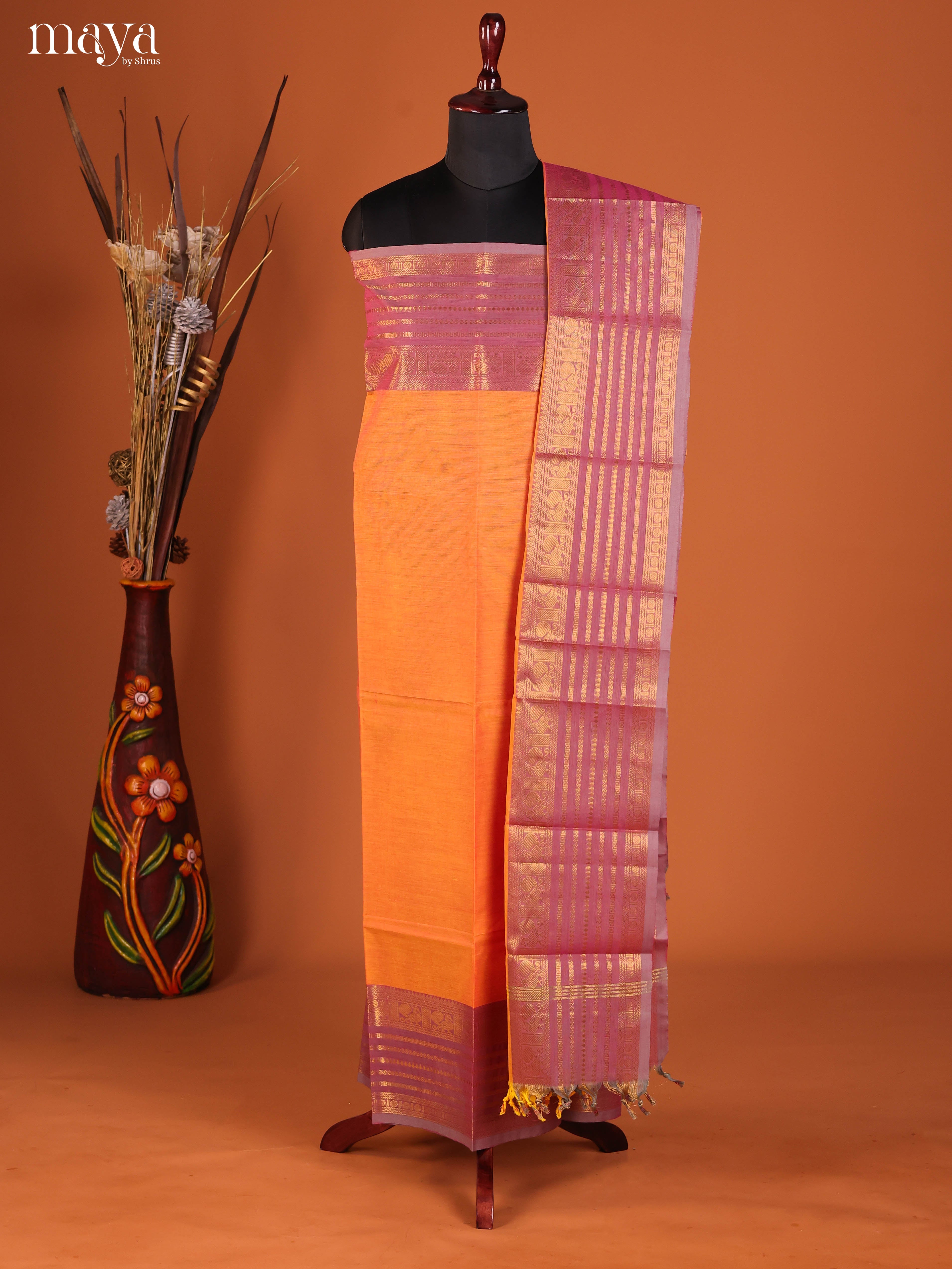 Luxurious Orange Chettinad Top & Dupatta Set With Purple Zari Border