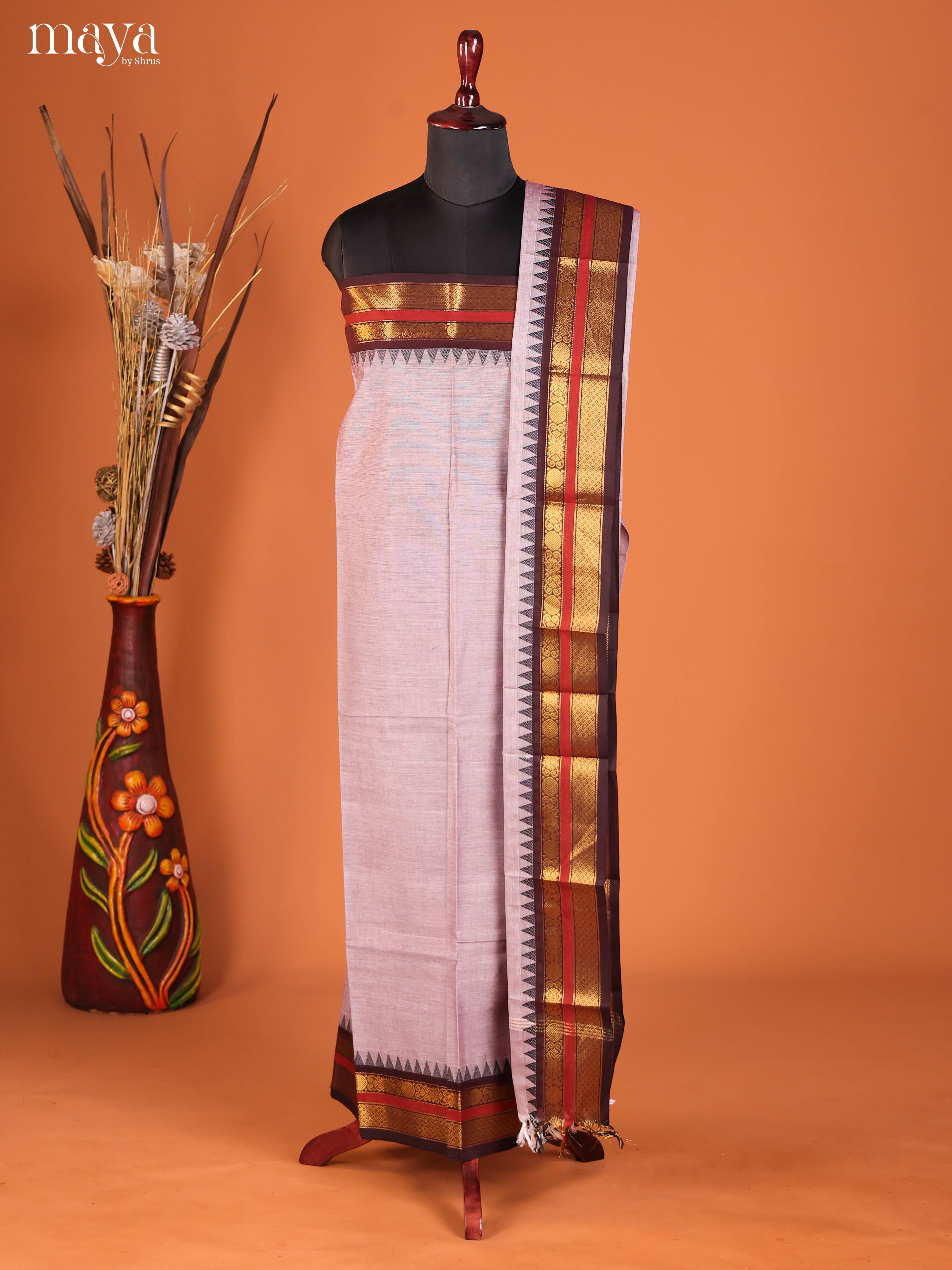 Delicated Lavender Chettinad Top & Dupatta Set With Zari Border