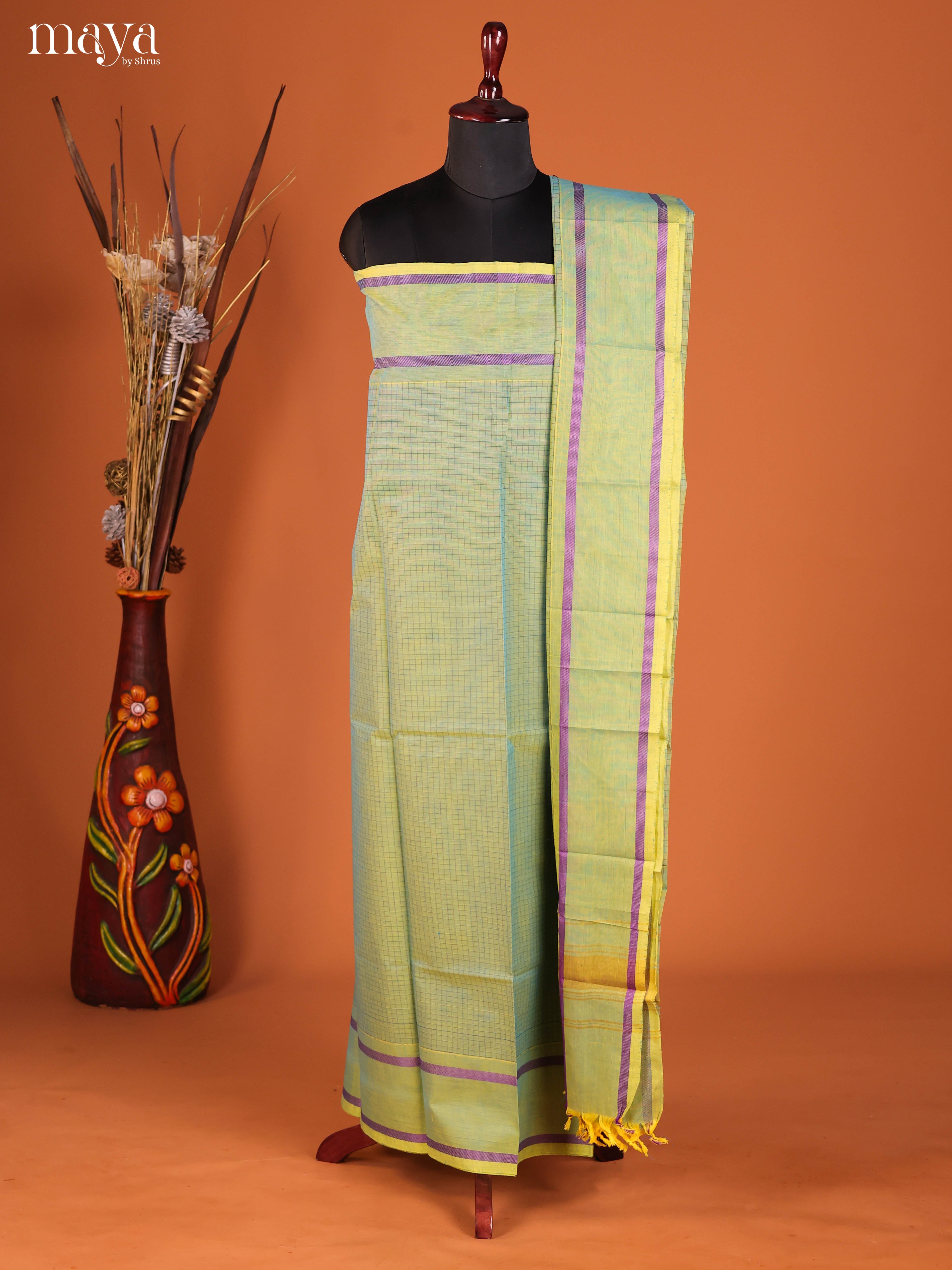 Artistic Pista Green Chettinad Cotton Top & Dupatta Set With Checks