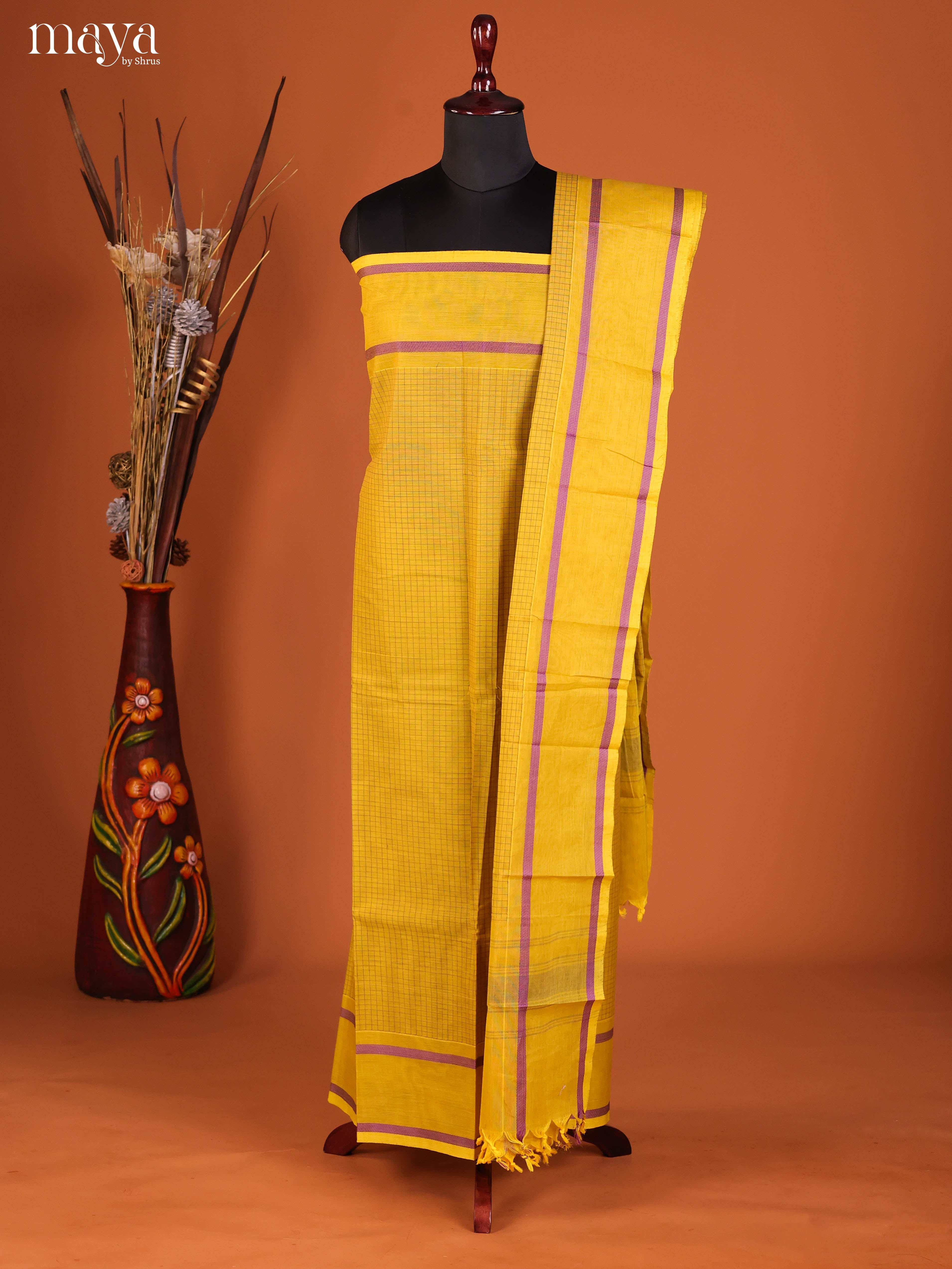 Graceful Yellow Chettinad Cotton Top & Dupatta Set With Thread Checks