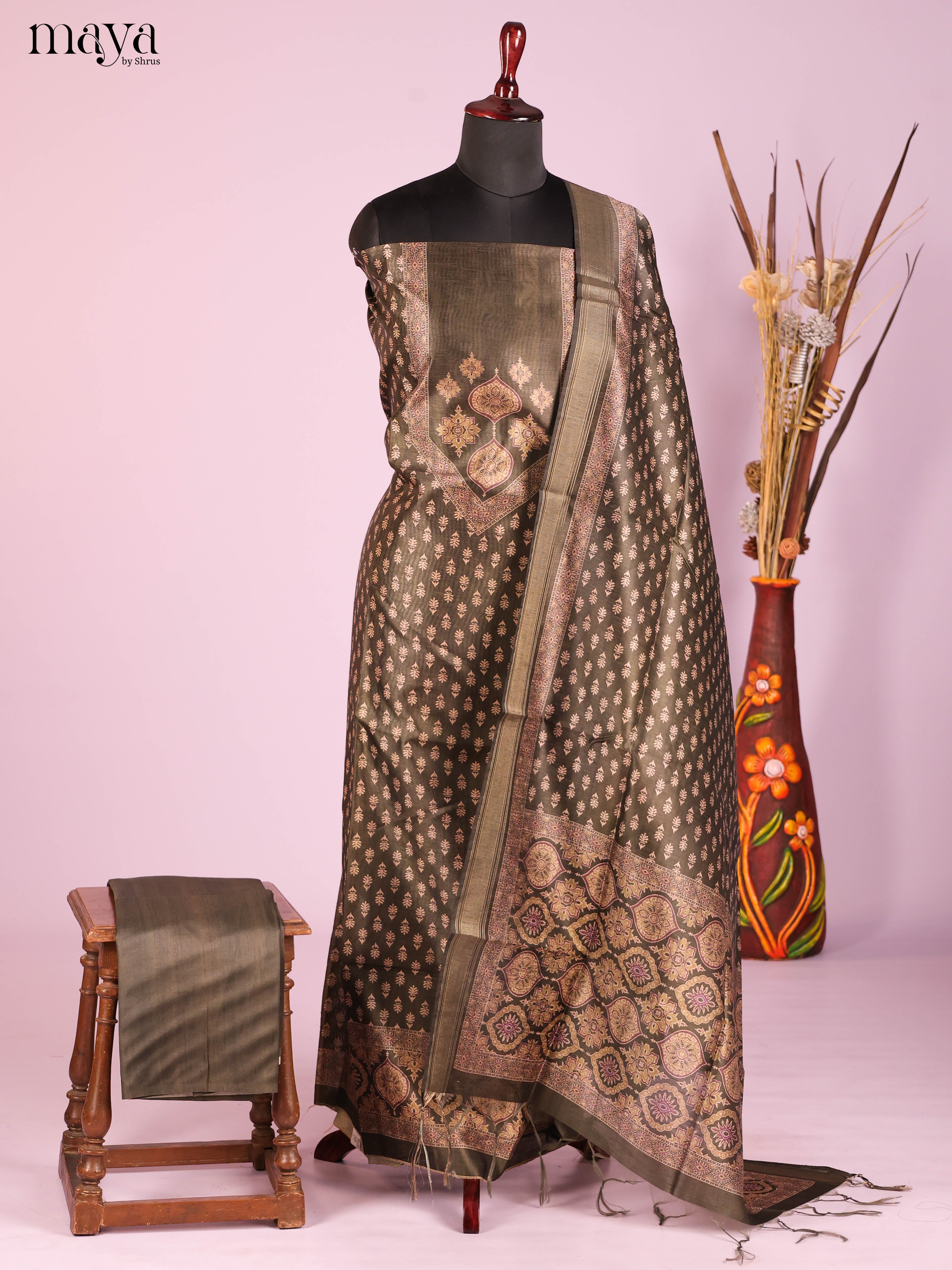 Classic Olive Brown Semi Tussar Salwar Material With Traditional Prints