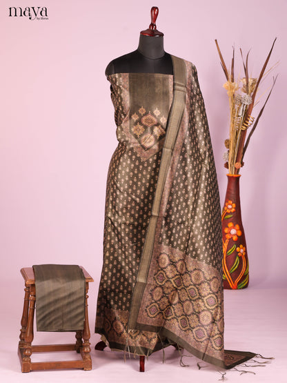 Classic Olive Brown Semi Tussar Salwar Material With Traditional Prints