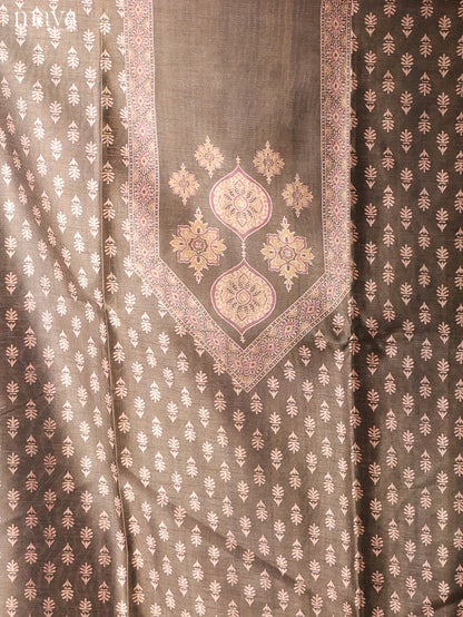 Classic Olive Brown Semi Tussar Salwar Material With Traditional Prints