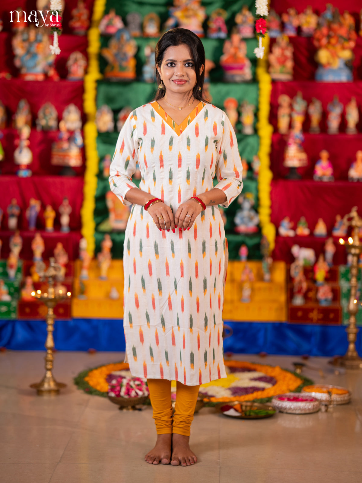 White Readymade Cotton Kurti With Colourful Ikkat Prints