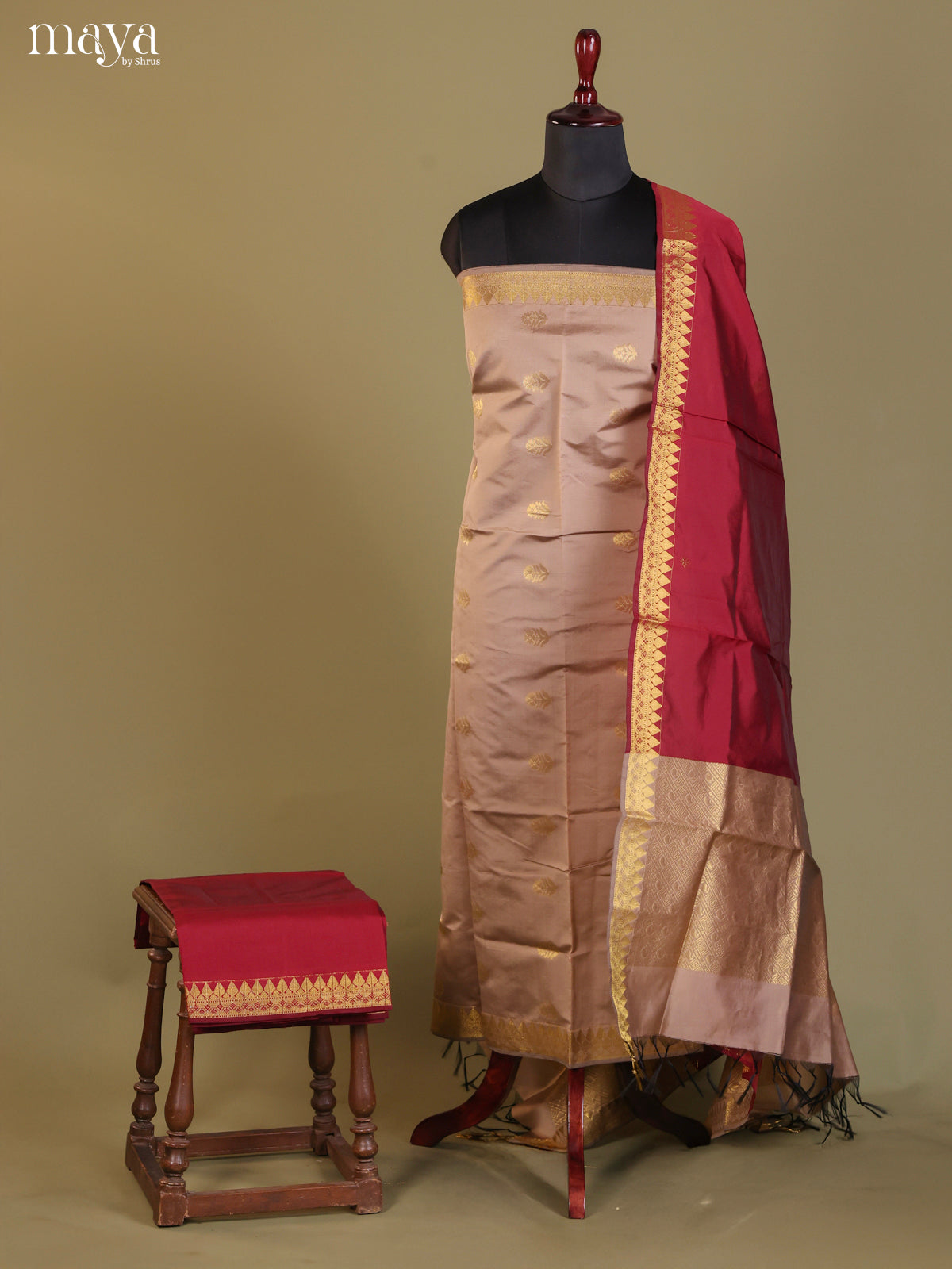 Grey & Maroon-semi softsilk salwar Unstitch