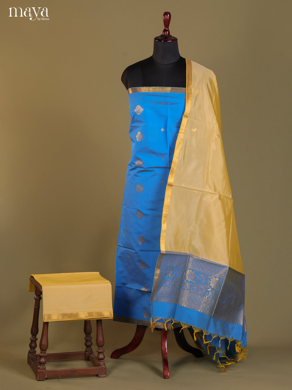 Blue & Beige-semi softsilk salwar Unstitch