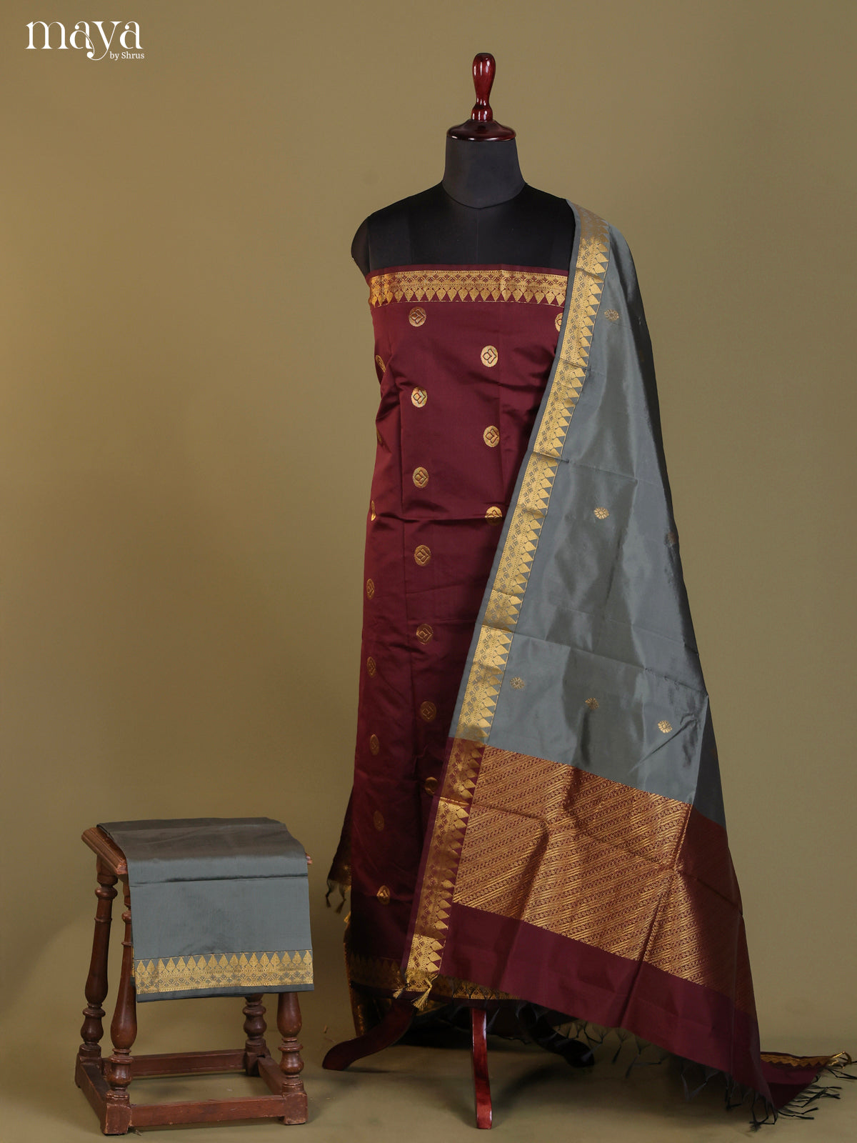 Maroon & Grey-semi softsilk salwar Unstitch