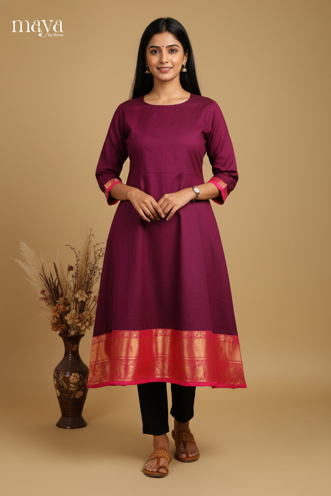 Pretty Maroon Chettinad Cotton Kurti With Pink Zari Border 