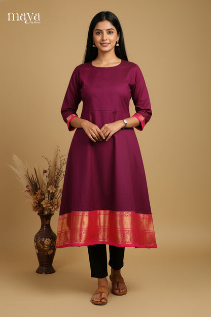 Pretty Maroon Chettinad Cotton Kurti With Pink Zari Border 