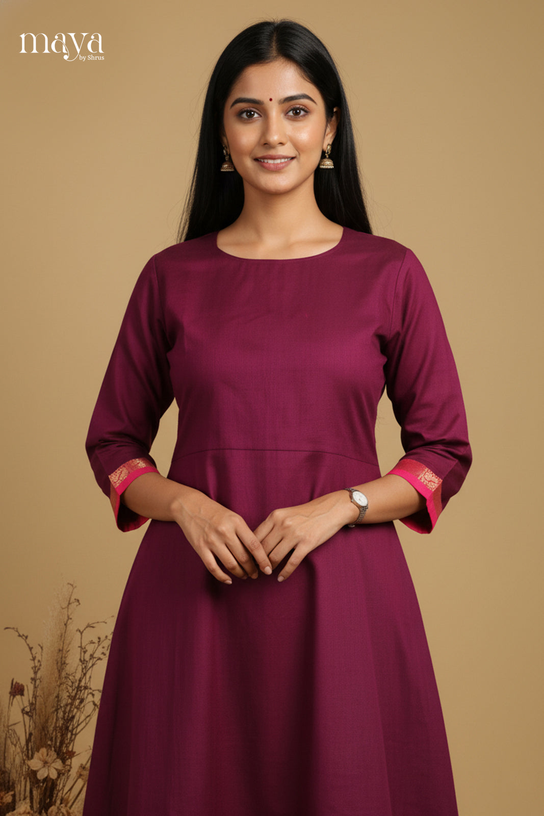 Pretty Maroon Chettinad Cotton Kurti With Pink Zari Border 1