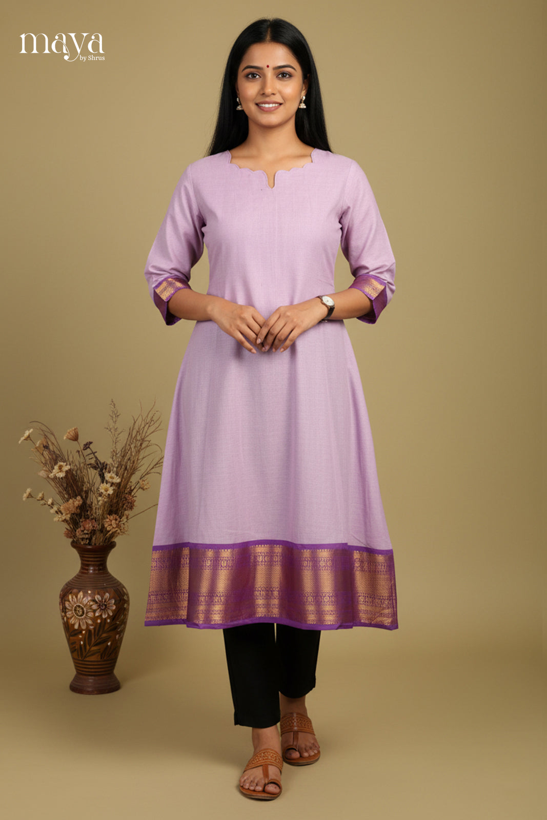 Chic Lavender Chettinad Cotton Long Kurti With Purple Zari Border 1