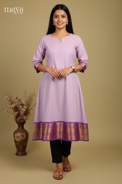 Chic Lavender Chettinad Cotton Long Kurti With Purple Zari Border 1