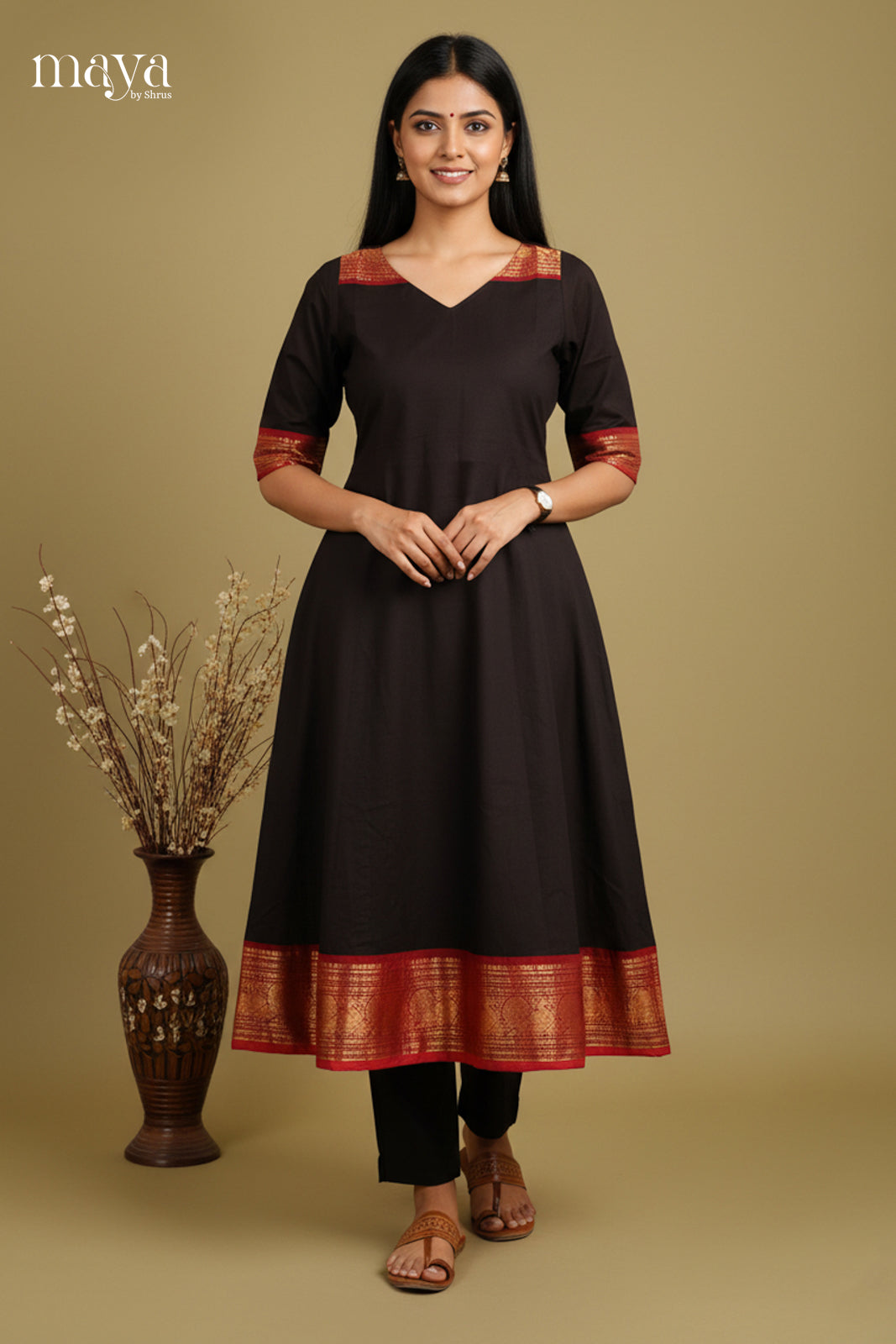 Exquisite Black Anarkali Chettinad Kurti with Maroon Zari Border 1