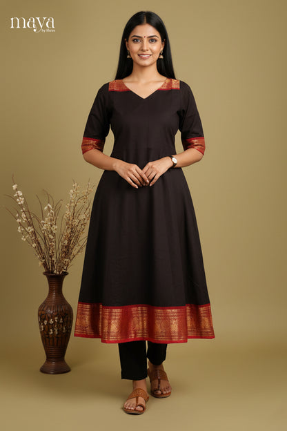 Exquisite Black Anarkali Chettinad Kurti with Maroon Zari Border 1