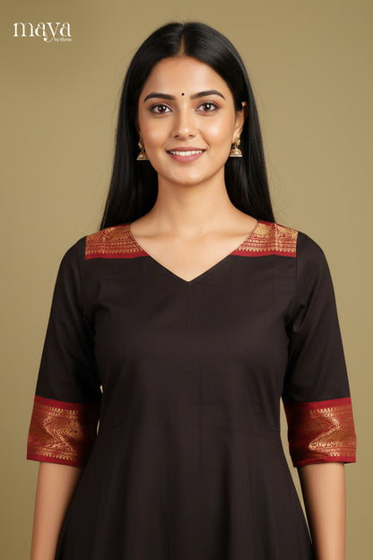 Exquisite Black Anarkali Chettinad Kurti with Maroon Zari Border 2