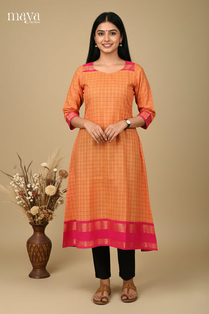 Vibrant Orange Chettinad Cotton Kurti With Checked PAttern & Pink Zari Border -1