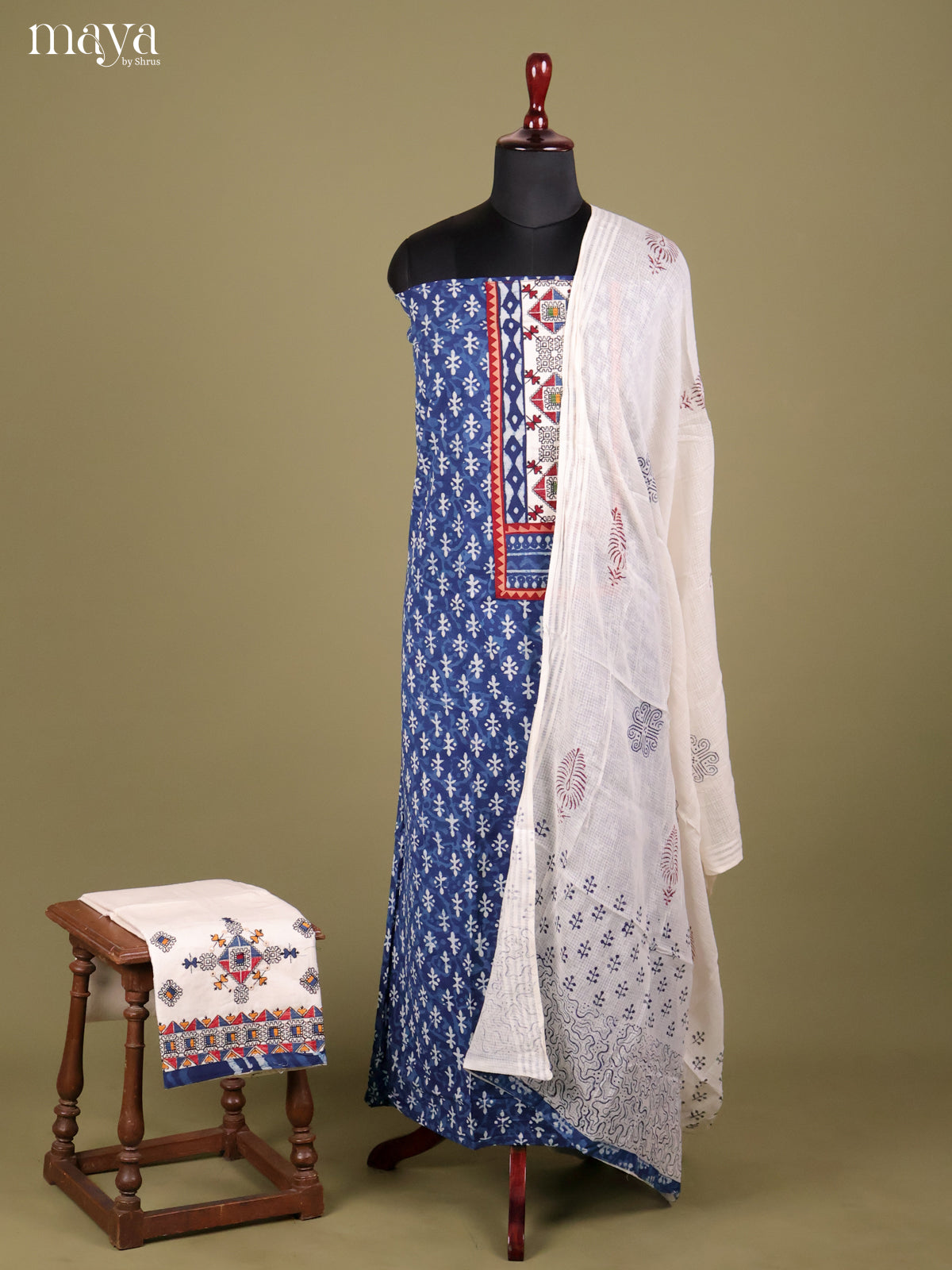 Exquisite Indigo Blue Ajrakh Cotton Salwar Material With White Dupatta
