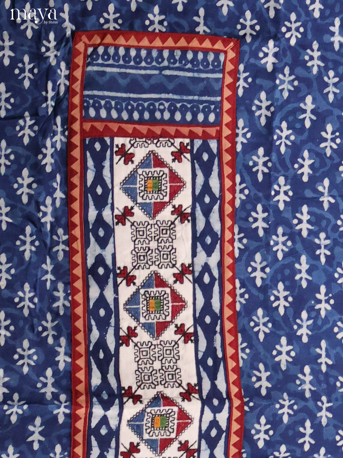 Exquisite Indigo Blue Ajrakh Cotton Salwar Material With White Dupatta