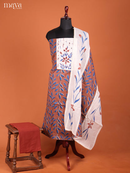 Radiant Rust Ajrakh Cotton Dress Material With White Yoke Neck
