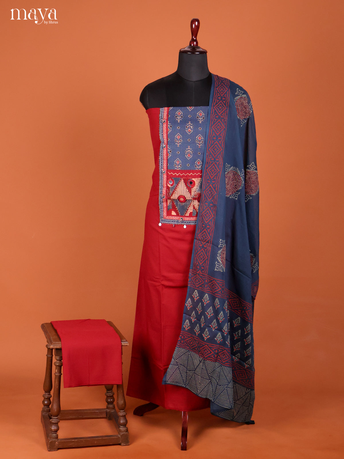 Red & Blue-Ajrakh Salwar Unstitch