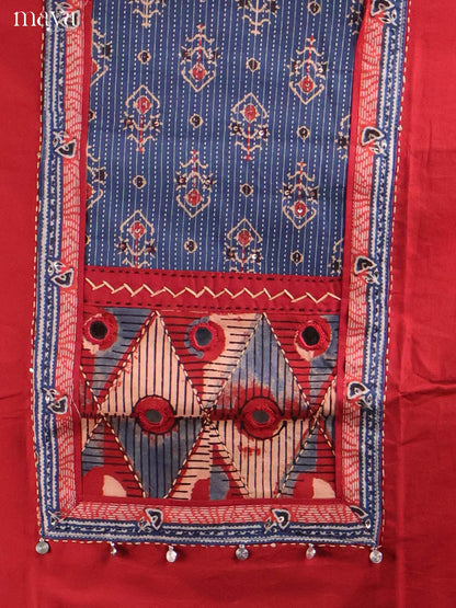 Red & Blue-Ajrakh Salwar Unstitch