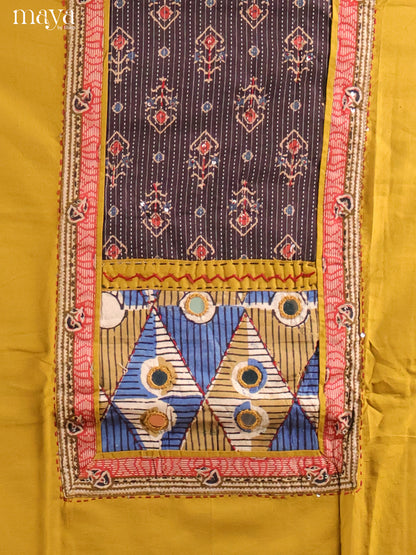 Chic Mustard Ajrakh Cotton Dress Material With Black Dupatta