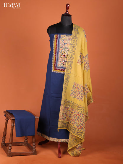 Elegant Navy Blue Ajrakh Cotton Salwar Material With Yellow Dupatta