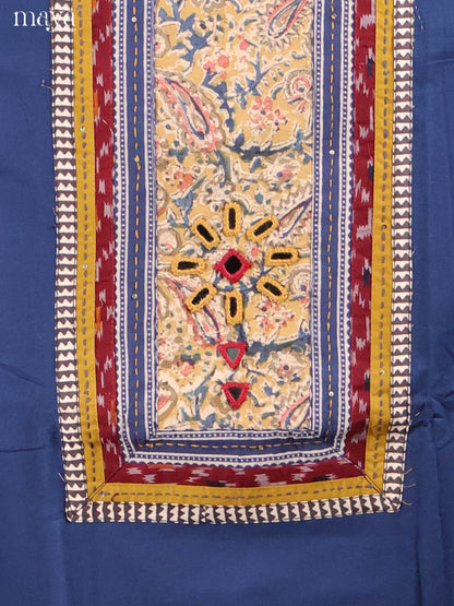Elegant Navy Blue Ajrakh Cotton Salwar Material With Yellow Dupatta