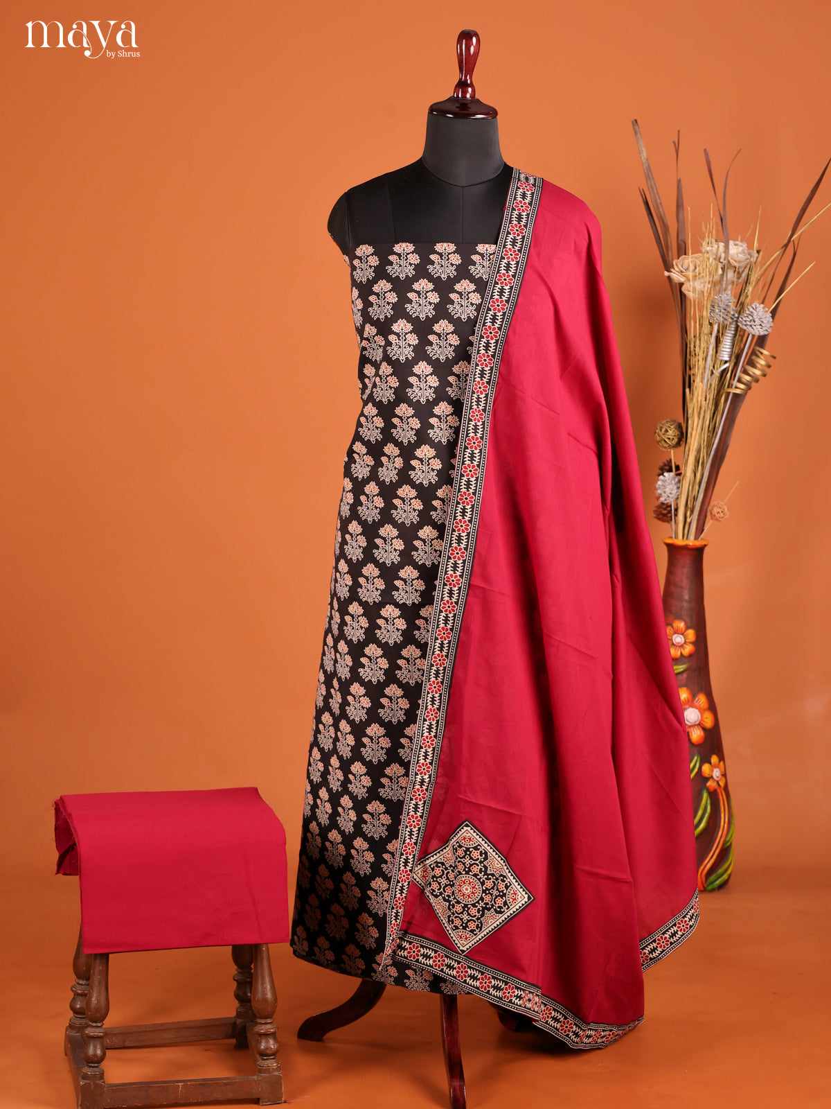 Mystique Black Ajrakh Cotton Salwar Suit Material With Maroon Dupatta
