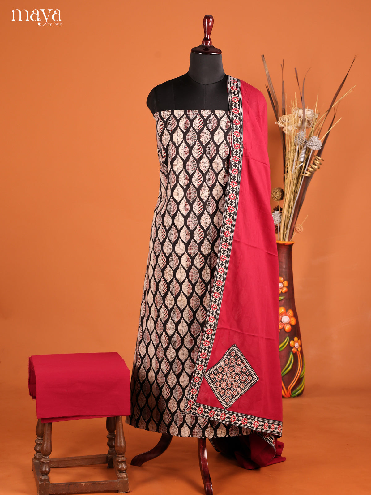 Artistic Black Ajrakh Suit Material With Leaf Prints & Red Dupatta
